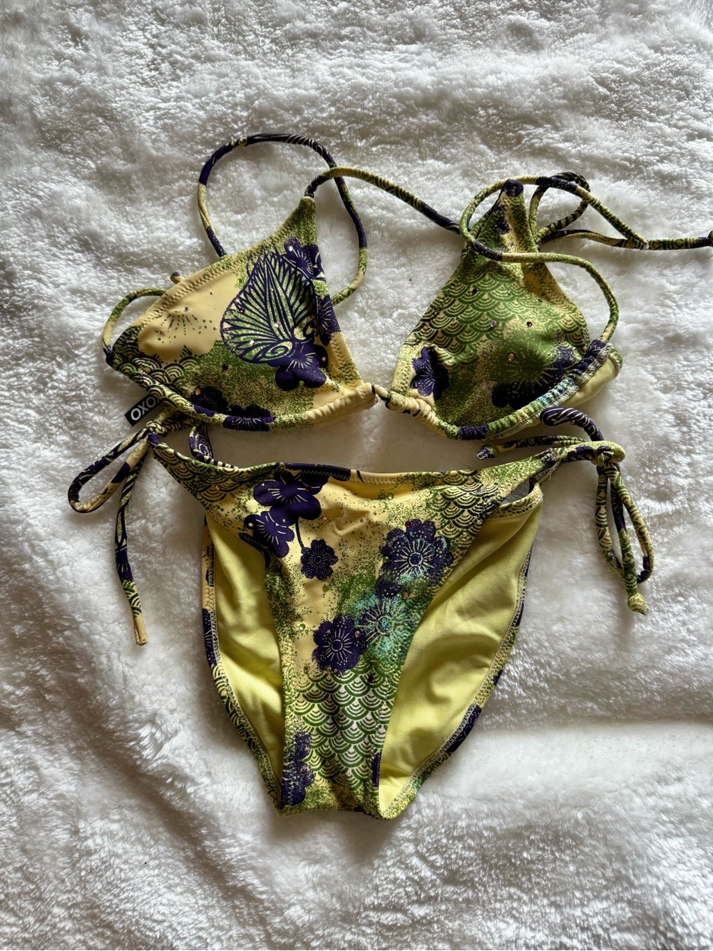 Floral Triangle Bandeau Bikini - Green/Yellow